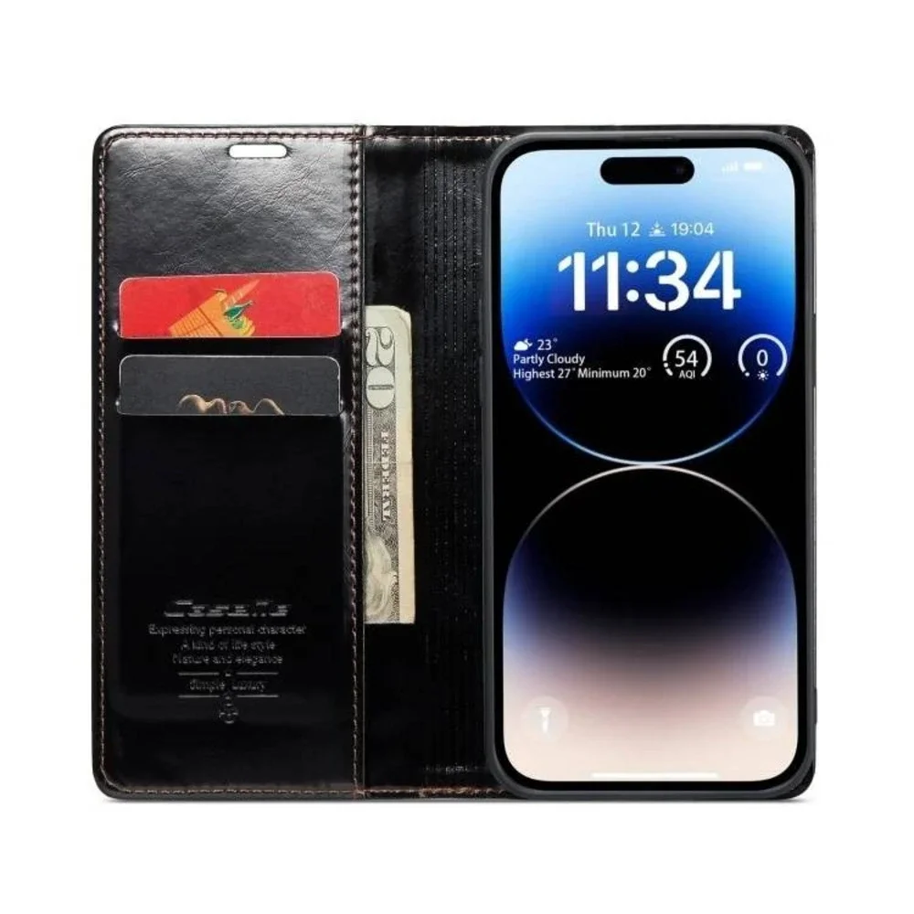 CaseMe Black iPhone 15 Pro Max Soft PU Leather Flip Wallet Case with 2 Credit Ca